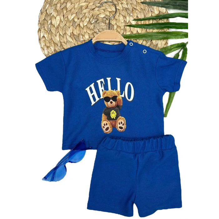 9-12-18-24 Ay Hello Gözlüklü Ayıcık Baskılı Şortlu Kısa Kollu Tişört 2li Erkek Bebek Takımı