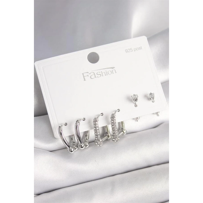 925 Ayar Gümüş Çivi Pirinç Gümüş Renk Zirkon Taşlı Tiffany Halka Model Kadın Küpe Seti