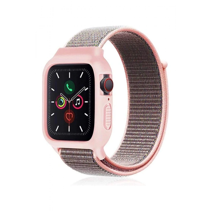 Apple Watch 42mm Hasırlı Cırtcırtlı Kasalı Kordon - Pembe