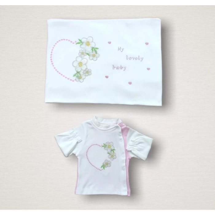 Baharın Çiçekli Kalbi Nakışlı  10lu Zıbın Takımı Hastane Çıkışı Pembe