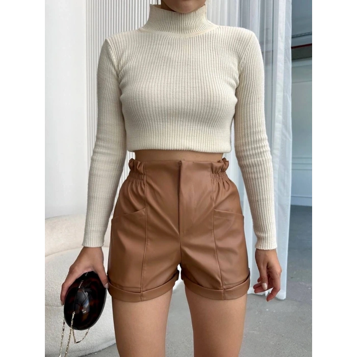 Beli lastikli deri şort kahve H24605