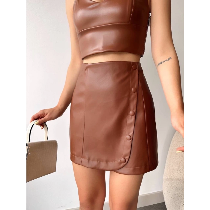 Beş düğmeli oval deri etek kahve h240068