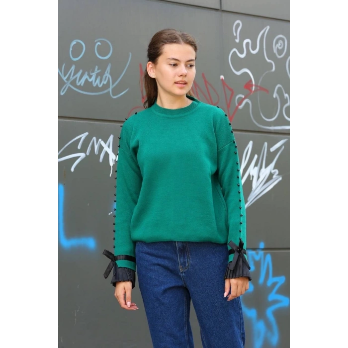 Boncuklu bile detaylı kazak petrol yeşili