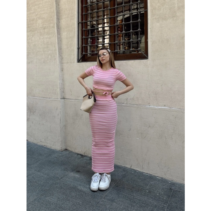 Çizgili etekli takım pembe s3609
