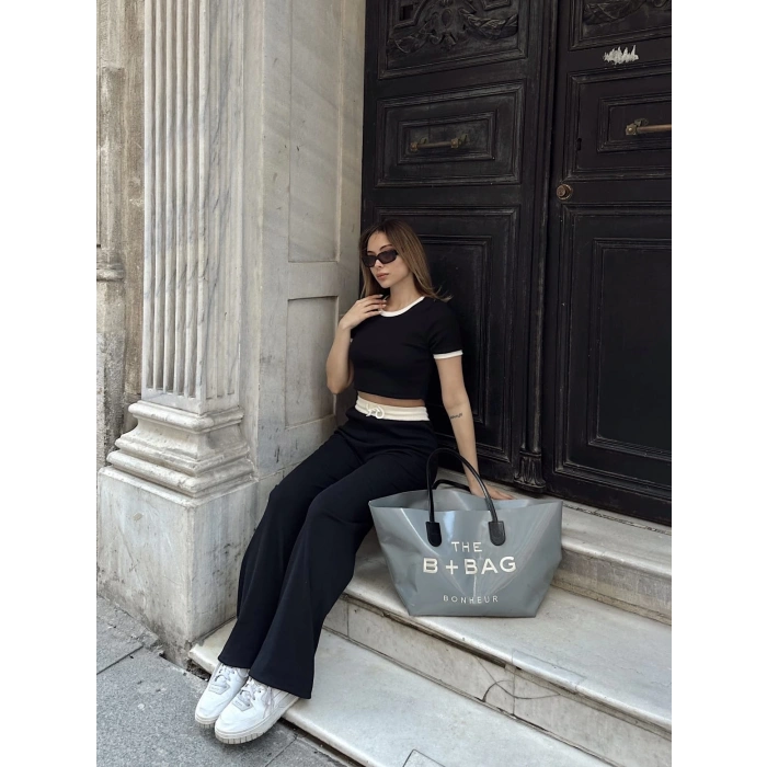 Crop pantolon biyeli takım siyah