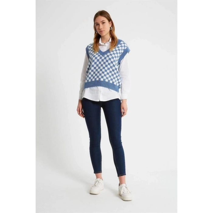 Dama Desenli Örme Oversıze Kadın Triko