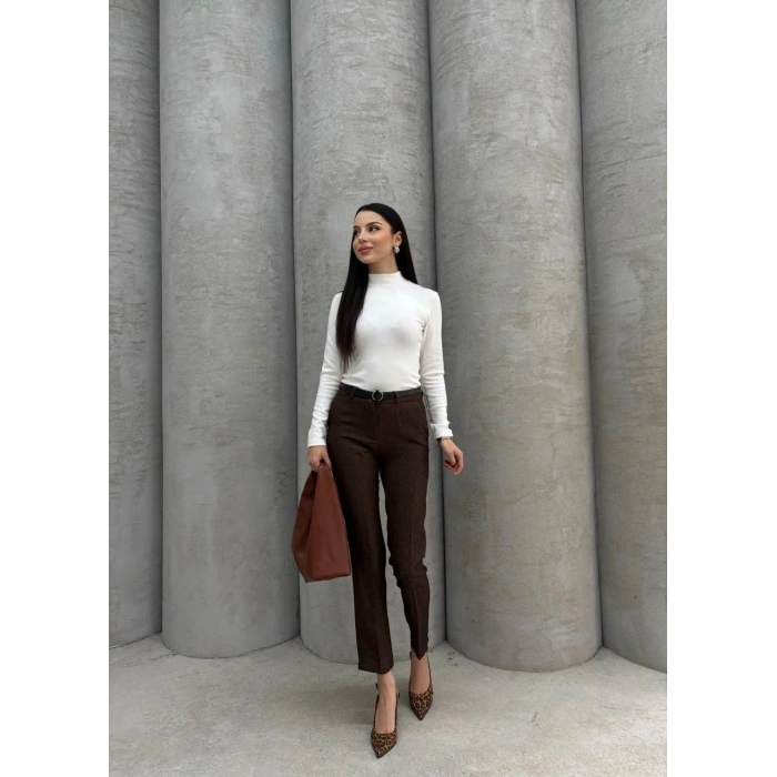 Dar paça kemerli kumaş pantolon kahve pt53