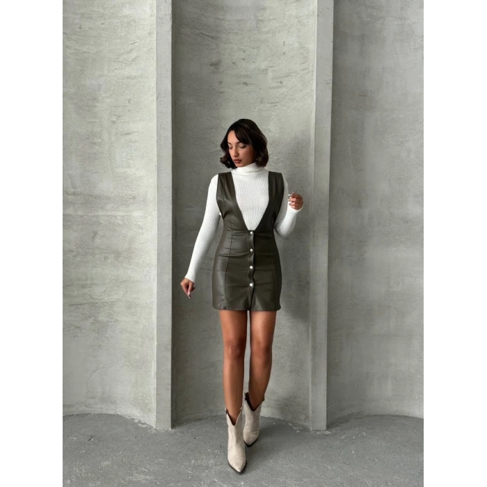 Deri jile elbise haki w24796