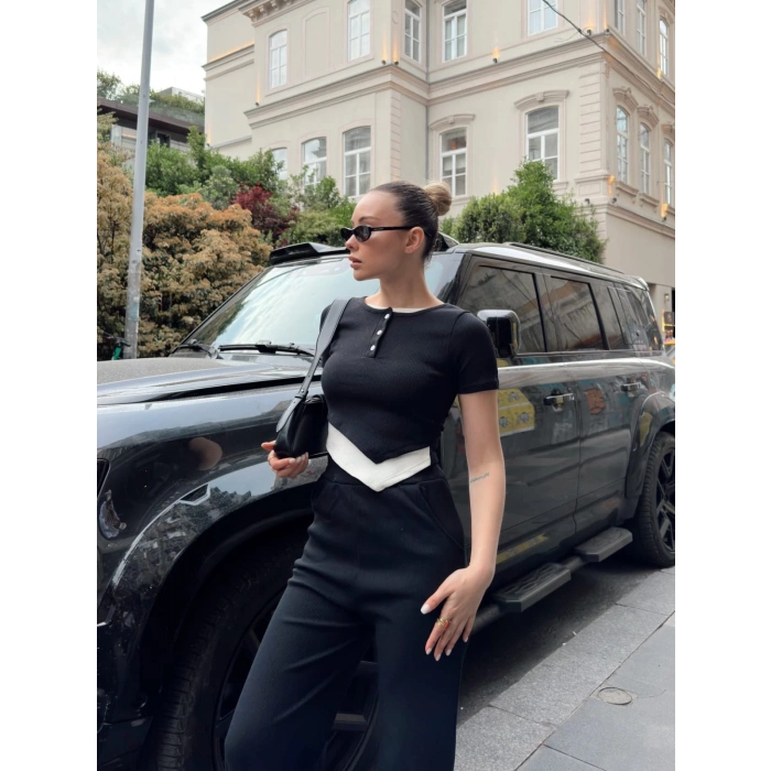 Düğme yakalı siyah alt üst takım s3943