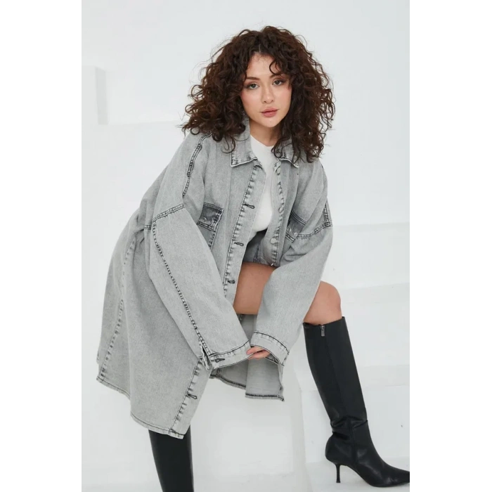 Düz Gömlek Yaka Kadın Gri Kuş Gözü Cepli Kot Ceket