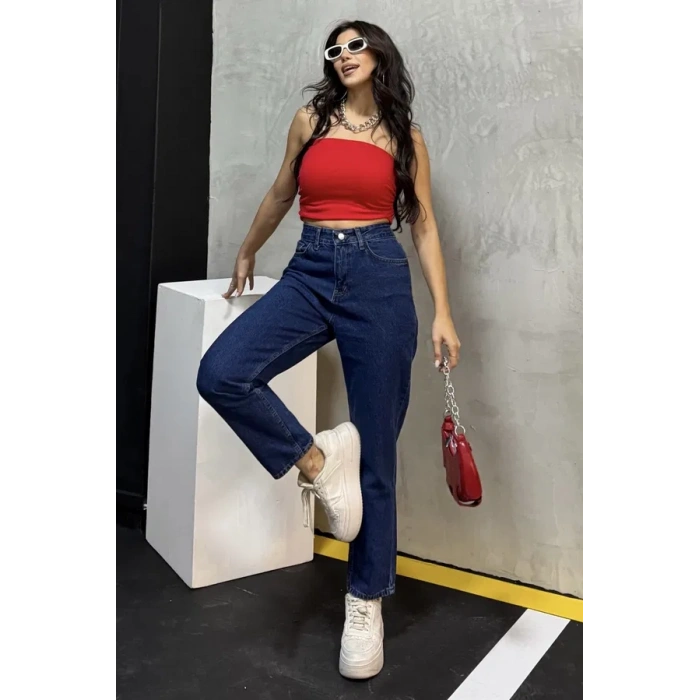 Düz Orta Kadın Mavi Slim Fit Mom pantolon