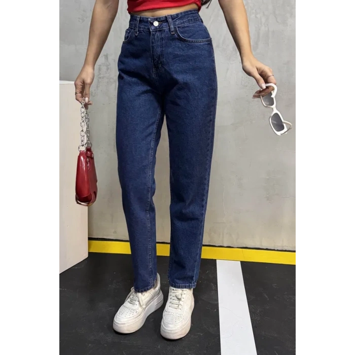 Düz Orta Kadın Mavi Slim Fit Mom pantolon