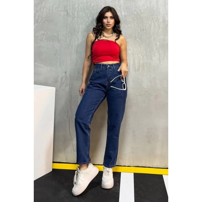 Düz Orta Kadın Mavi Slim Fit Mom pantolon