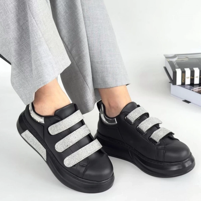 Elika Siyah Cilt Simli Cırt Cırtlı Spor Ayakkabı