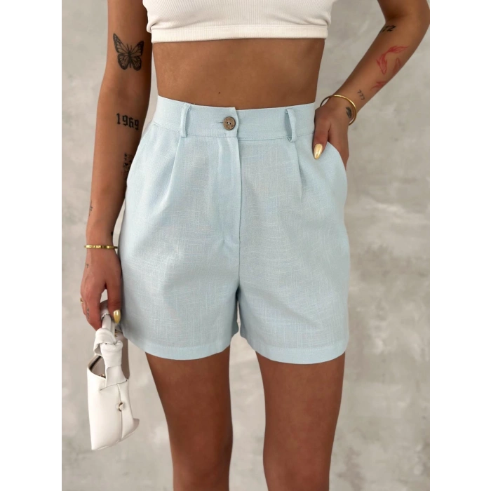 Flam Keten Yüksek Bel Yazlık Şort