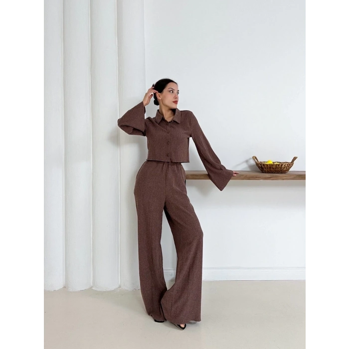 Gömlek yaka kaplama düğmeli takım kahve st265866