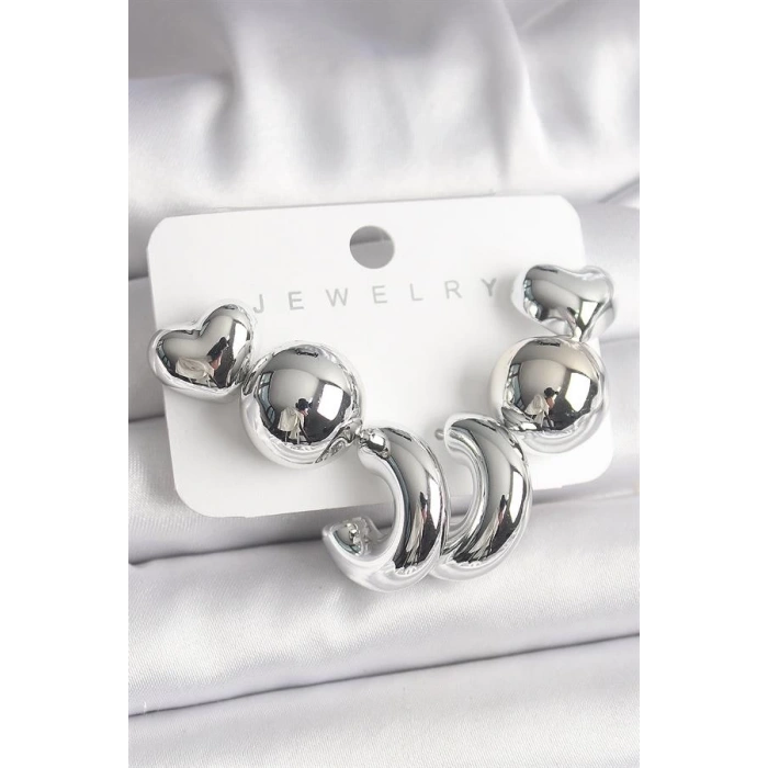 Gümüş Renk Kalp Halka Figür CCB Plastik Kadın Küpe Seti