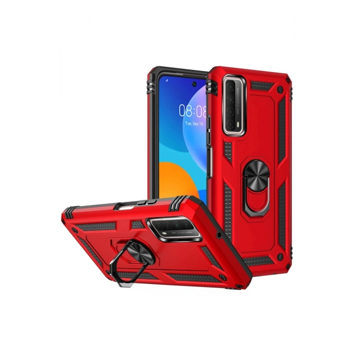 Huawei P Smart 2021 Kılıf Sofya Yüzüklü Silikon Kapak - Kırmızı