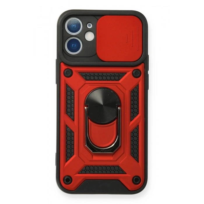 iPhone 12 Kılıf Pars Lens Yüzüklü Silikon - Kırmızı