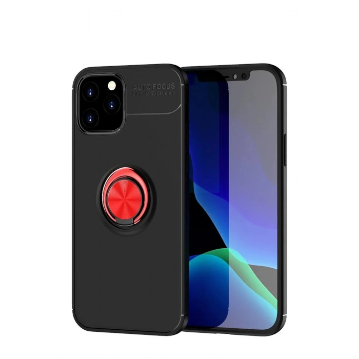 iPhone 12 Kılıf Range Yüzüklü Silikon - Siyah-Kırmızı