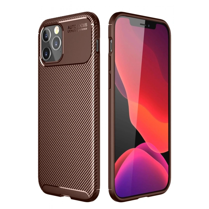 iPhone 12 Pro Max Kılıf Auto Focus Karbon Kapak - Kahverengi