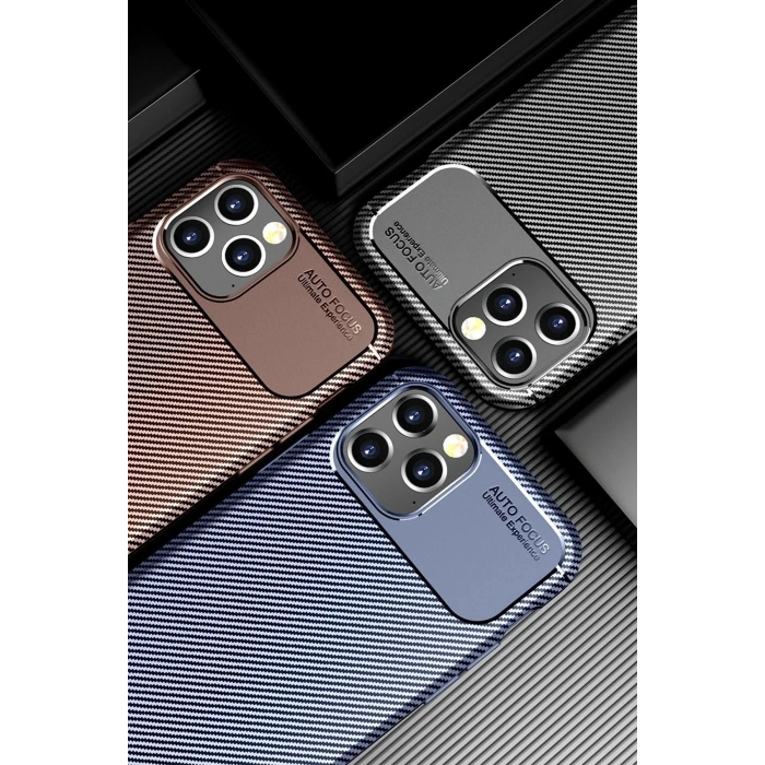 iPhone 12 Pro Max Kılıf Auto Focus Karbon Kapak - Kahverengi