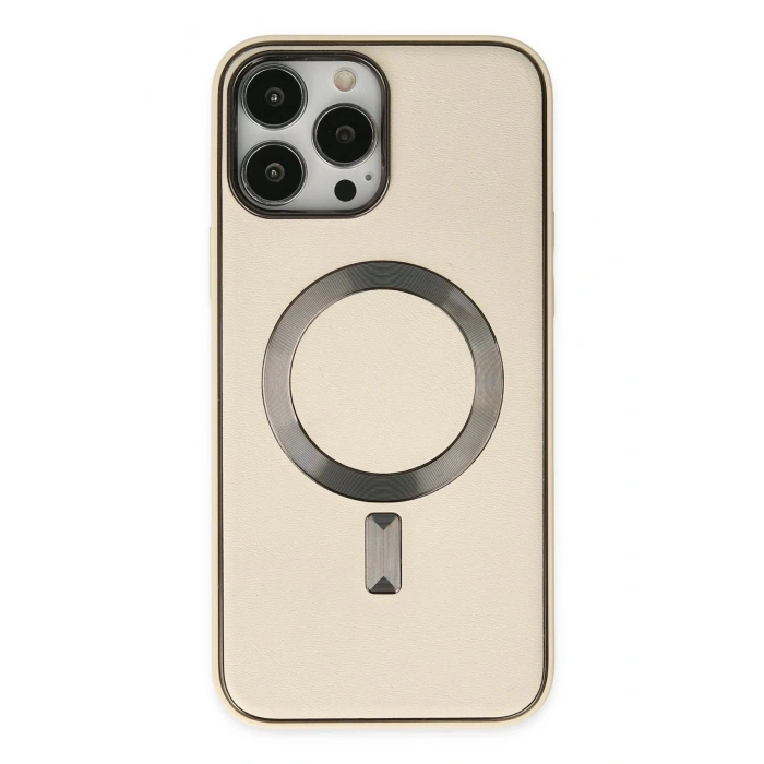 iPhone 13 Pro Kılıf Coco Deri Magneticsafe Silikon - Krem