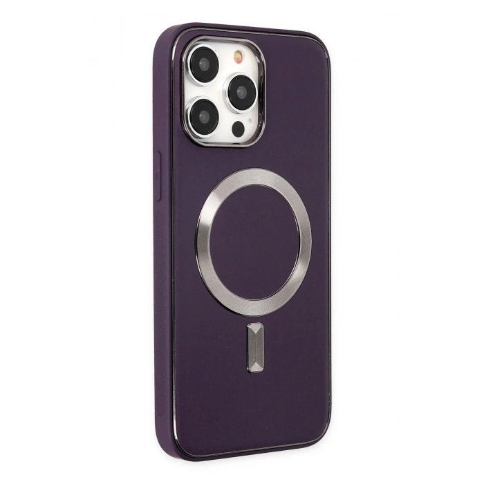 iPhone 13 Pro Max Kılıf Coco Deri Magneticsafe Silikon - Derin Mor