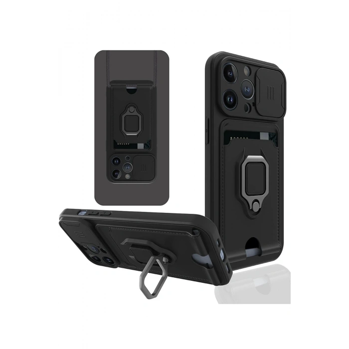 iPhone 13 Pro Max Kılıf Zuma Kartvizitli Yüzüklü Silikon - Siyah