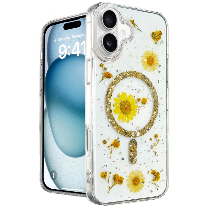 iPhone 16 Kılıf Daisy Simli Magsafe Kapak - Gold