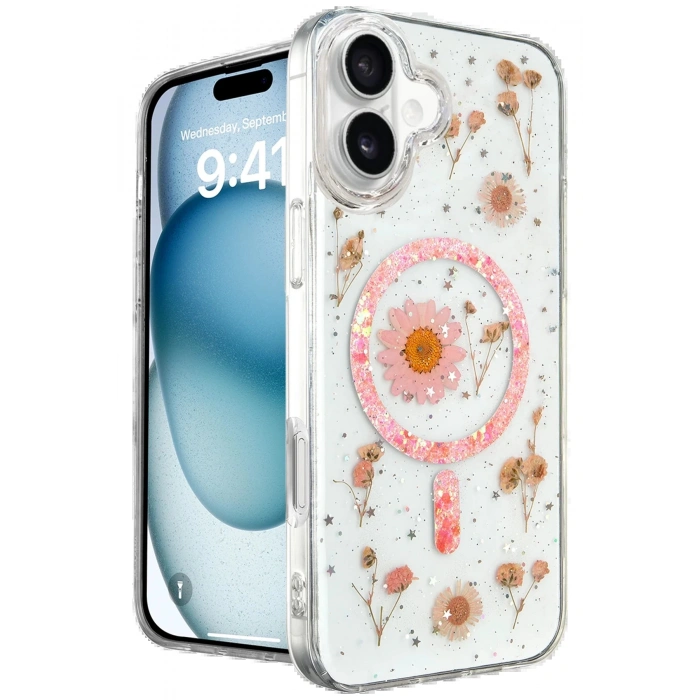 iPhone 16 Kılıf Daisy Simli Magsafe Kapak - Pembe