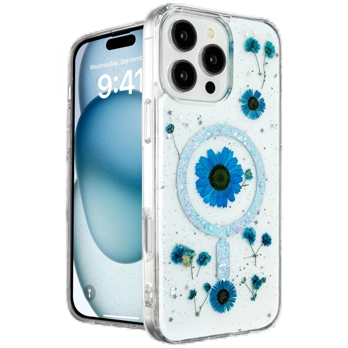 iPhone 16 Pro Kılıf Daisy Simli Magsafe Kapak - Mavi