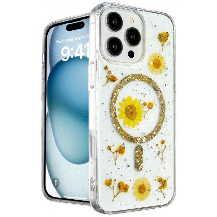 iPhone 16 Pro Max Kılıf Daisy Simli Magsafe Kapak - Gold