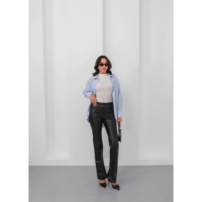 İspanyol yırtmaçlı paça deri pantolon siyah hn