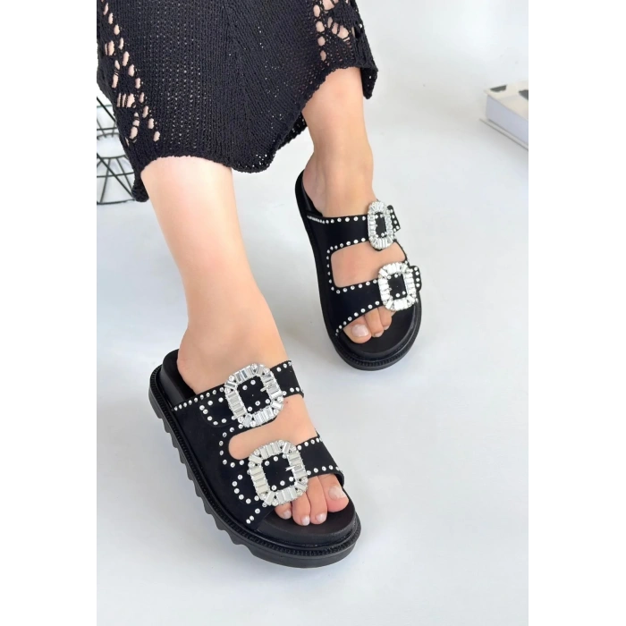 Juana Siyah Nubuk  Taşlı Terlik