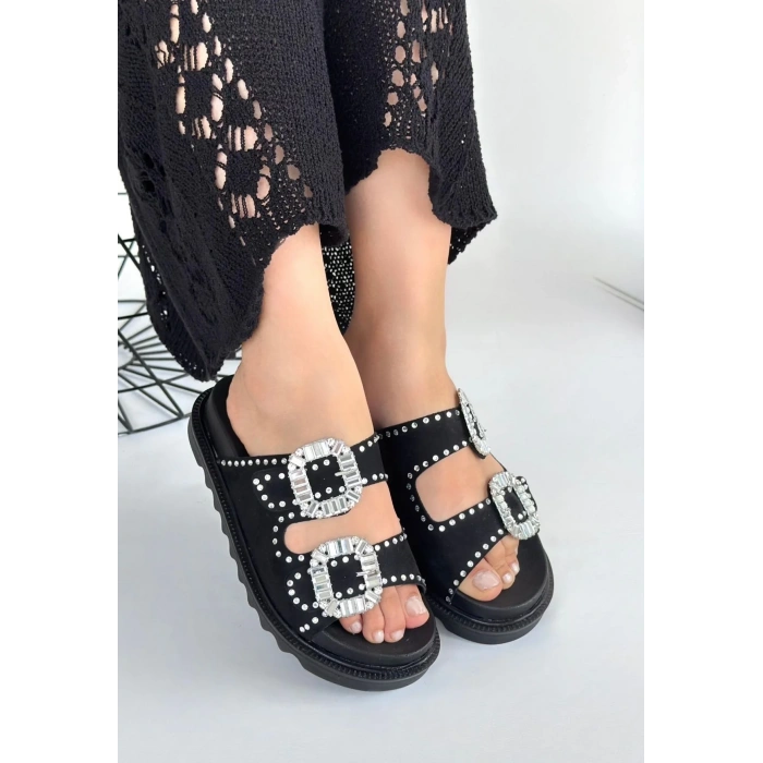 Juana Siyah Nubuk  Taşlı Terlik