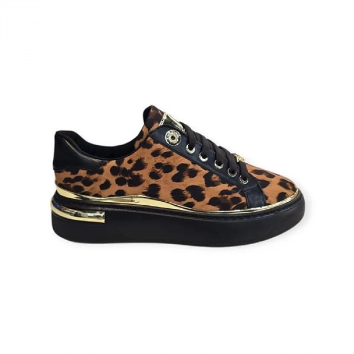 K732510 Yüksek Taban Leopar Desenli Kadın Sneaker Siyah Leopar