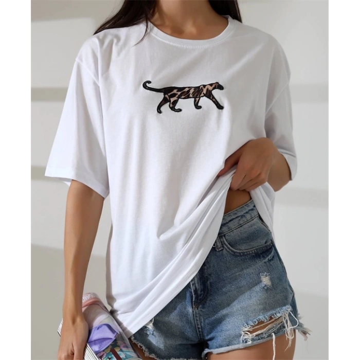 Kaplan nakış işlemeli Oversize Kadın T-Shirt