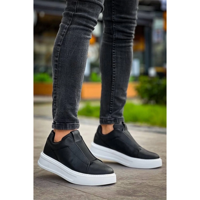 Kb-007  Kuback Siyah Beyaz Yüksek Taban Tek Bant Bağcıksız Günlük Erkek Ayakkabı