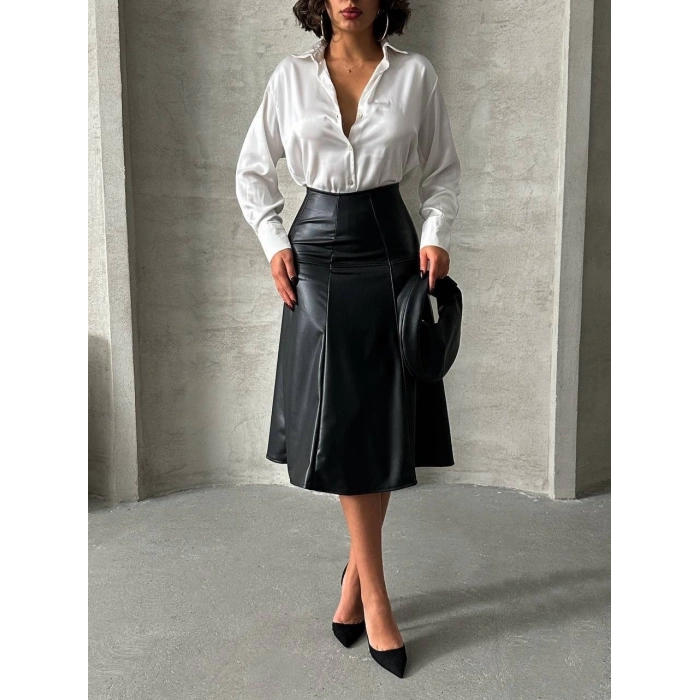 Komple parçalı deri etek siyah h26441
