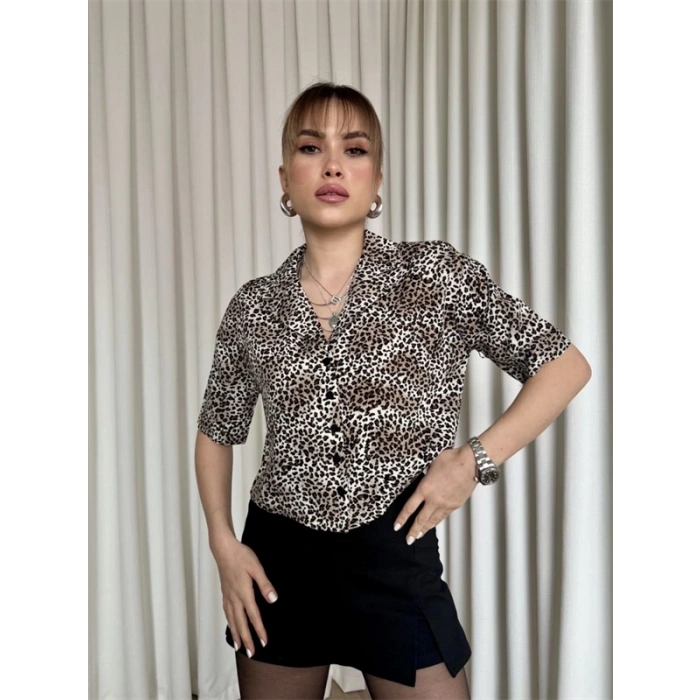 Leopar desenli crop gömlek