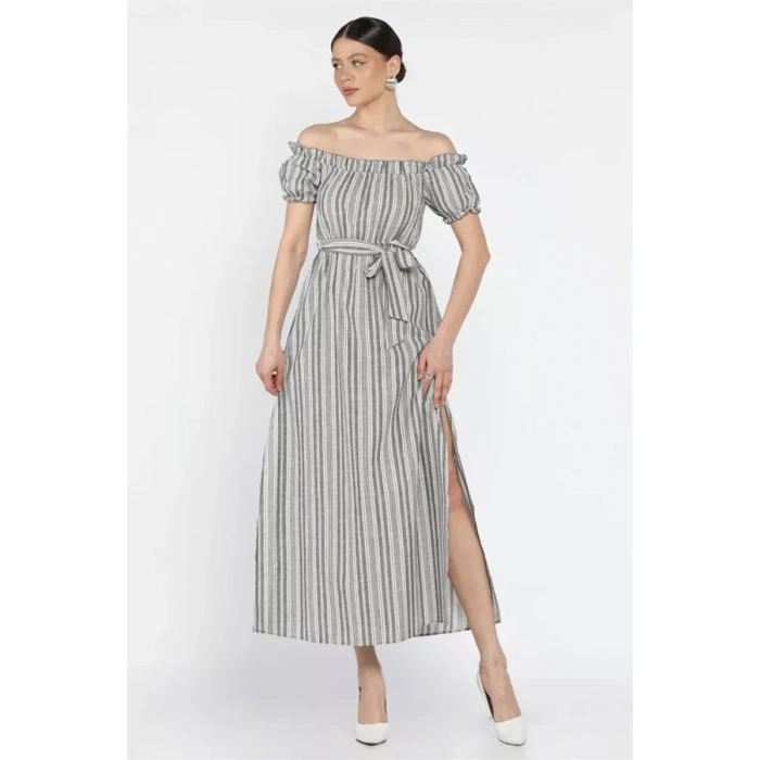 Madonna yaka midi yırtmaçlı kuşaklı keten elbise