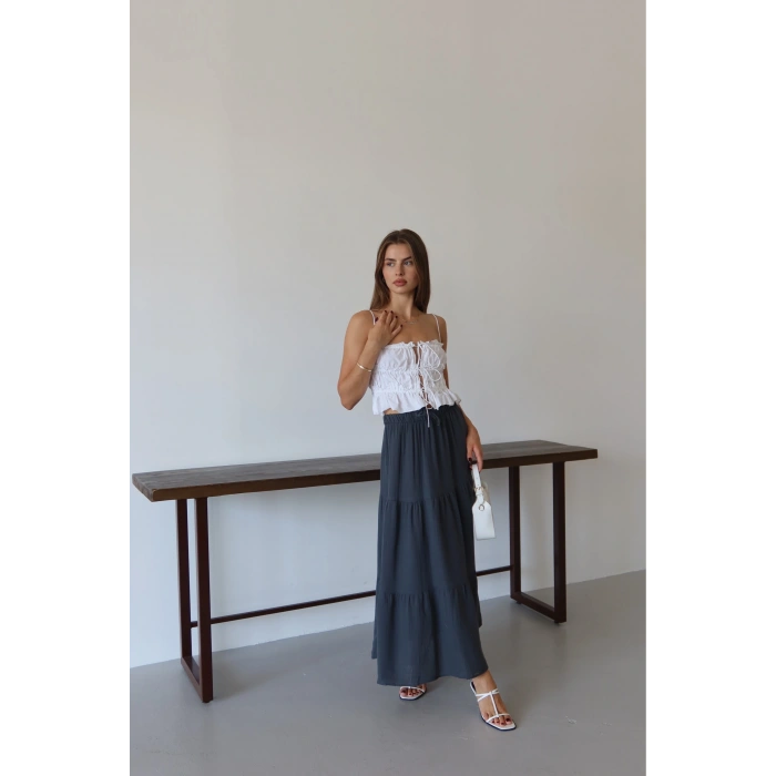 Müslin kumaş keten uzun etek antrasit pt