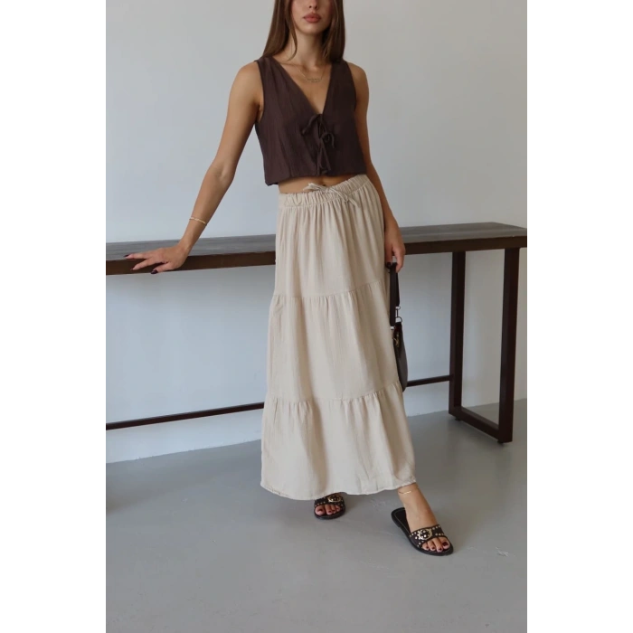 Müslin kumaş keten uzun etek bej pt