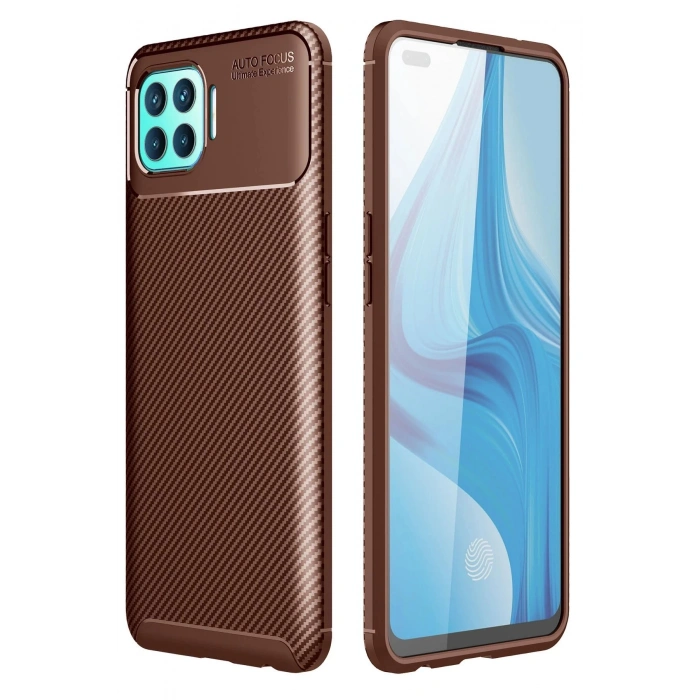 Oppo Reno 4 Lite Kılıf Auto Focus Karbon Kapak - Kahverengi