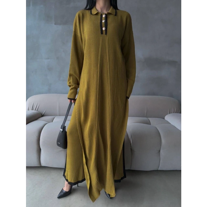 Pantolon yırtmaçlı elbise ikili triko takım yeşil elf