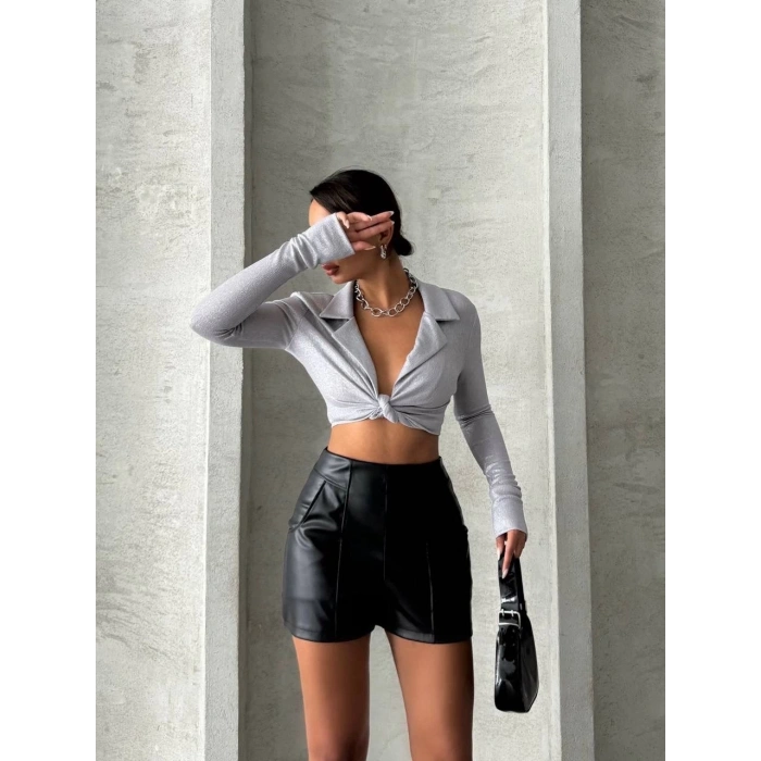 Parçalı cepli deri şort siyah w26312