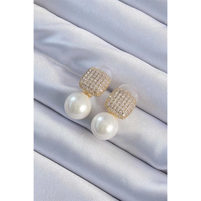 Pirinç Altın Renk Zirkon Taşlı Kare Model İnci Tasarım Kadın Küpe