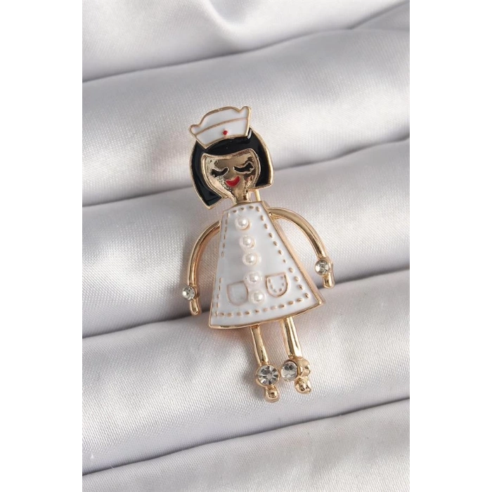 Pirinç Gold Renk Hemşire Model İnci Zirkon Taş Detay Kadın Broş