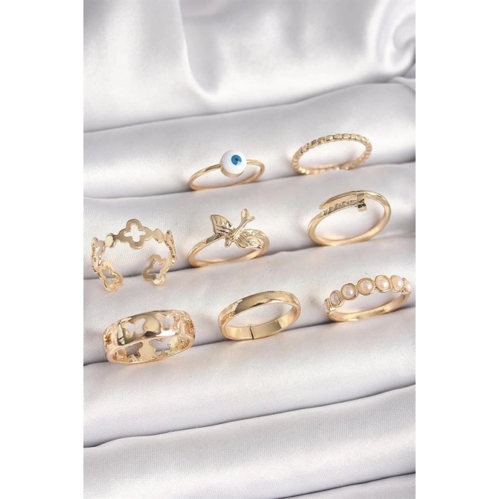 Pirinç Gold Renk Nazar Boncuk Model Kuş Detay Kadın Yüzük Kombini